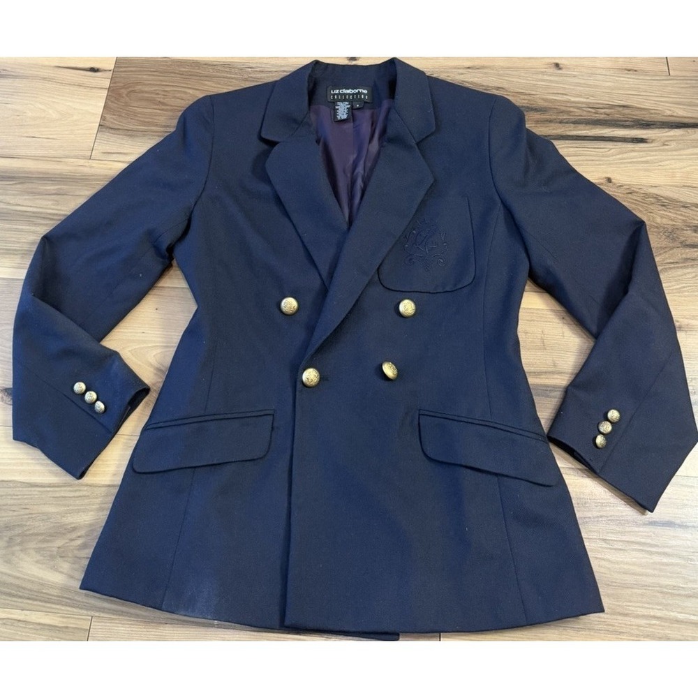 Vtg Liz Claiborne 100% Wool Dark Academia Double Breasted‎ Blazer Gold Buttons 6